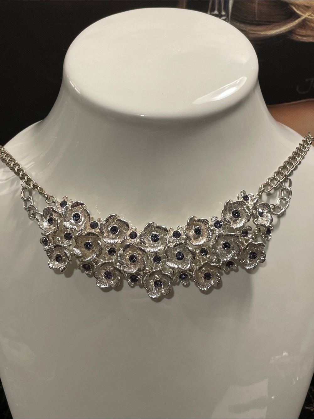 Silver Floral Statement Necklace with Purple Accents
